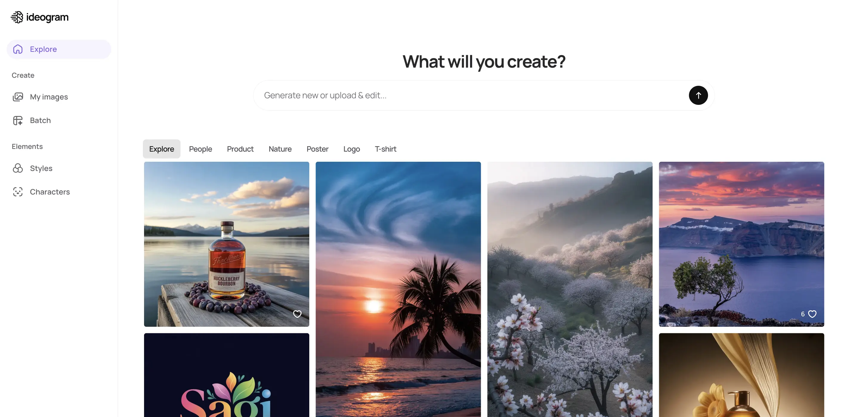 Ideogram AI explore page displaying generated images including a bourbon bottle, tropical sunset, and floral landscape.