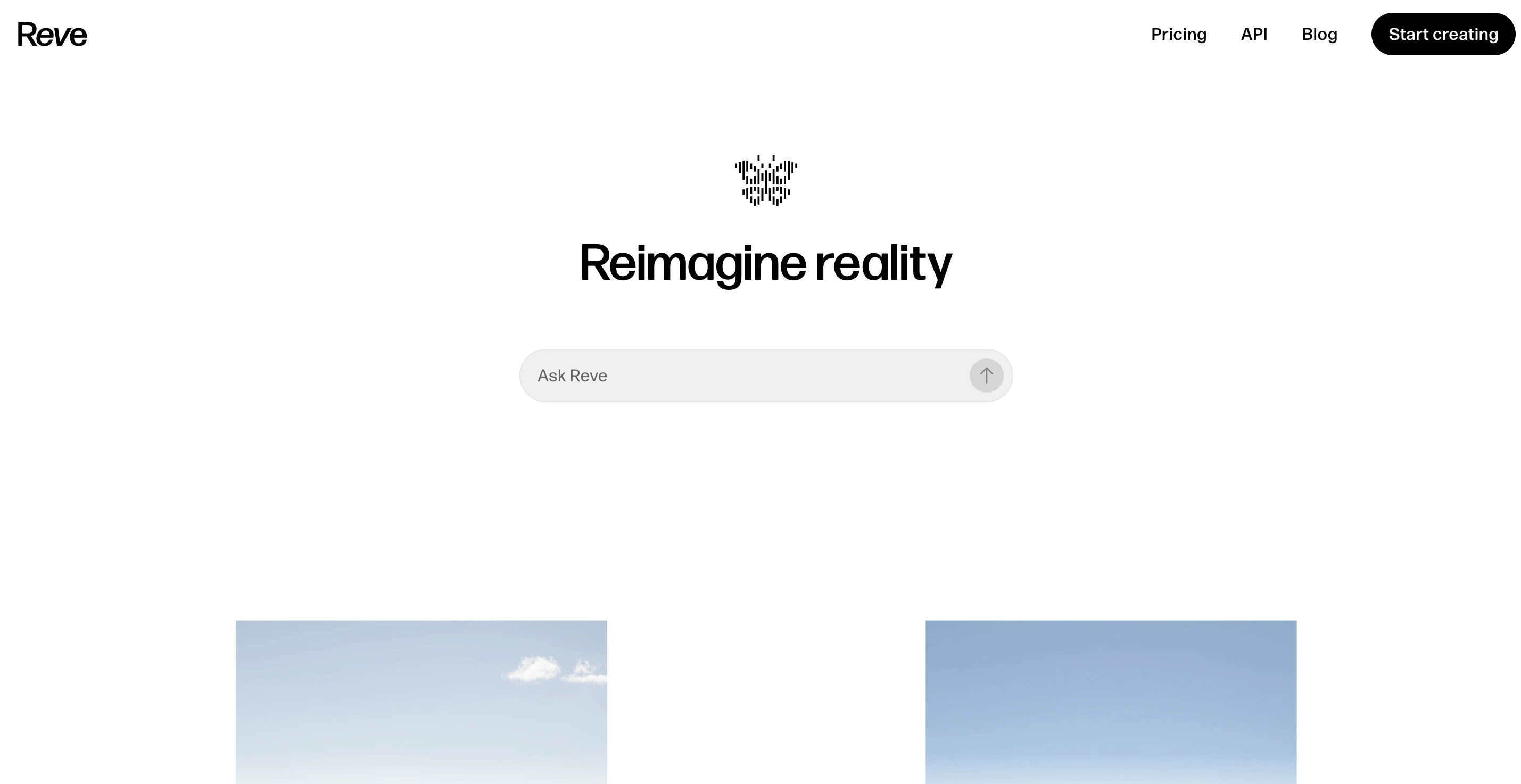 Reve AI homepage with minimalist white design, the tagline Reimagine reality, and a text prompt search bar.