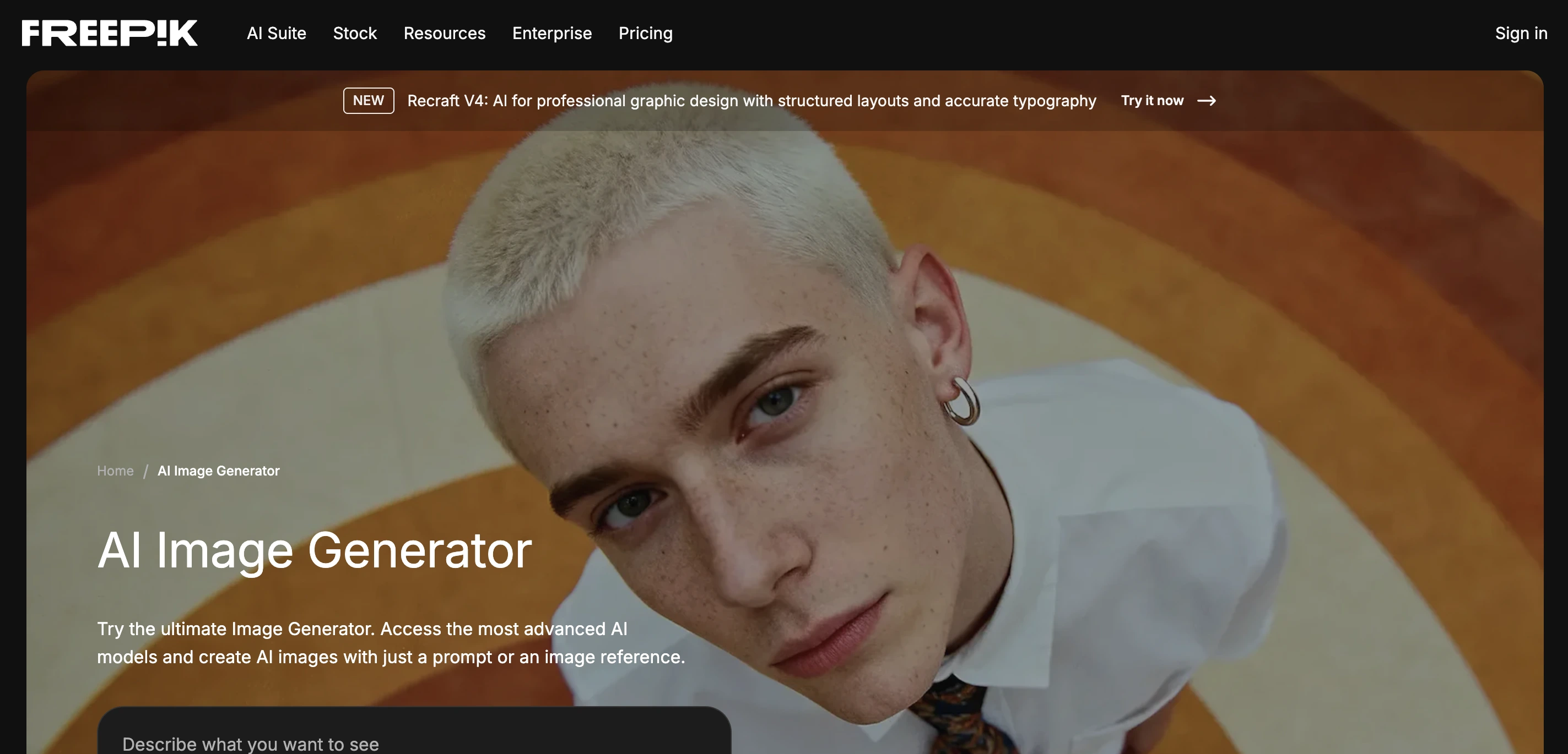 Freepik AI Image Generator page featuring a close-up portrait of a young man against an orange circular background.