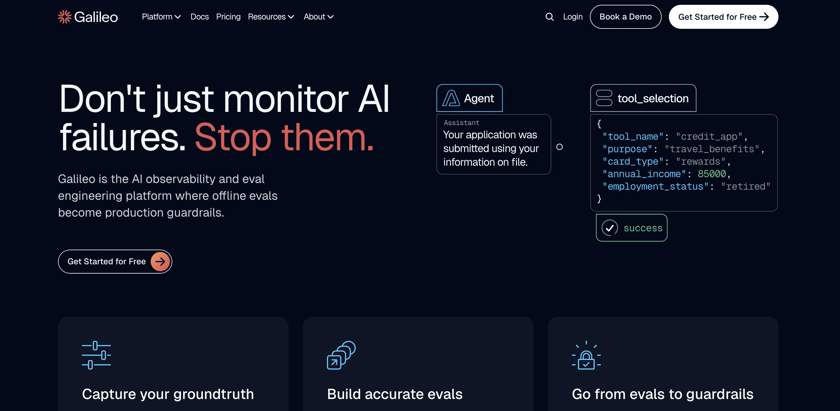 Galileo AI observability platform homepage with dark background and headline Don't just monitor AI failures. Stop them.