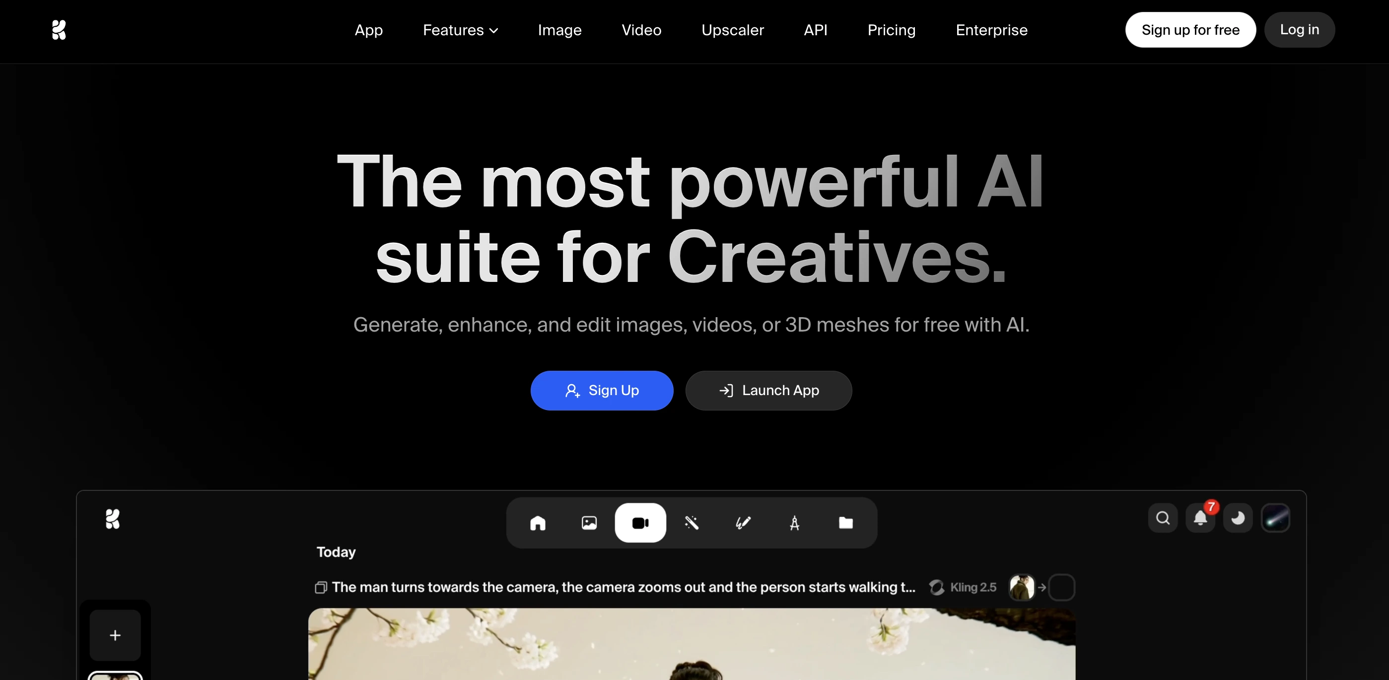 Krea AI homepage with dark background and headline The most powerful AI suite for Creatives.