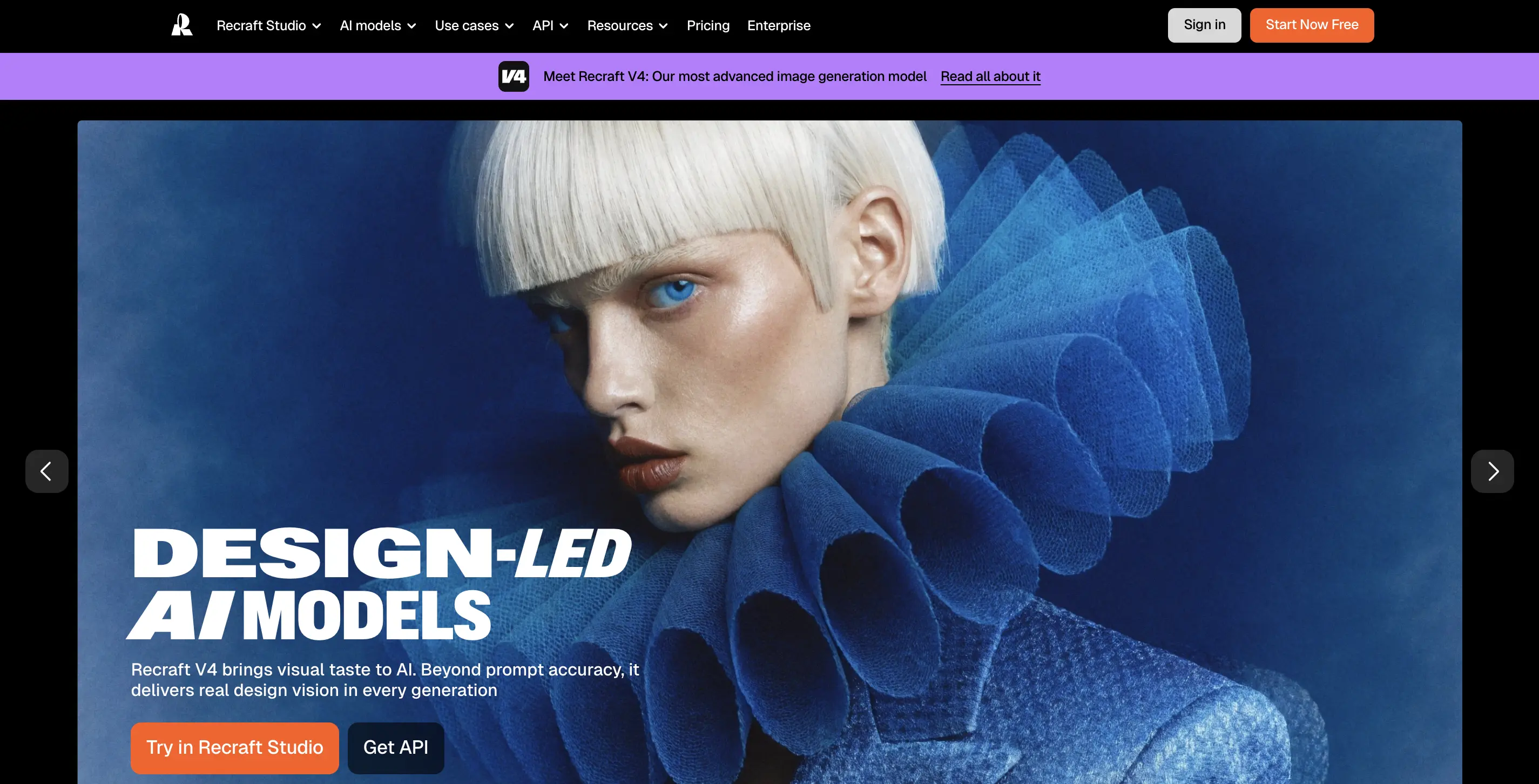 Recraft Studio homepage featuring a model in a sculptural blue ruffled collar with the headline Design-Led AI Models.