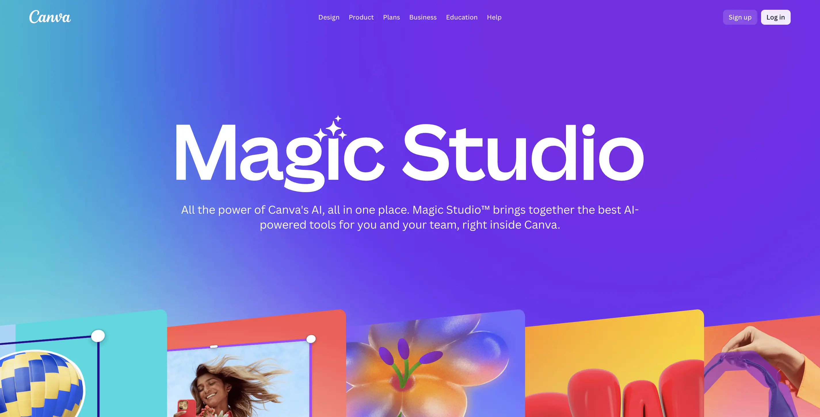 Canva Magic Studio homepage with a purple gradient background and colorful AI-generated design previews.