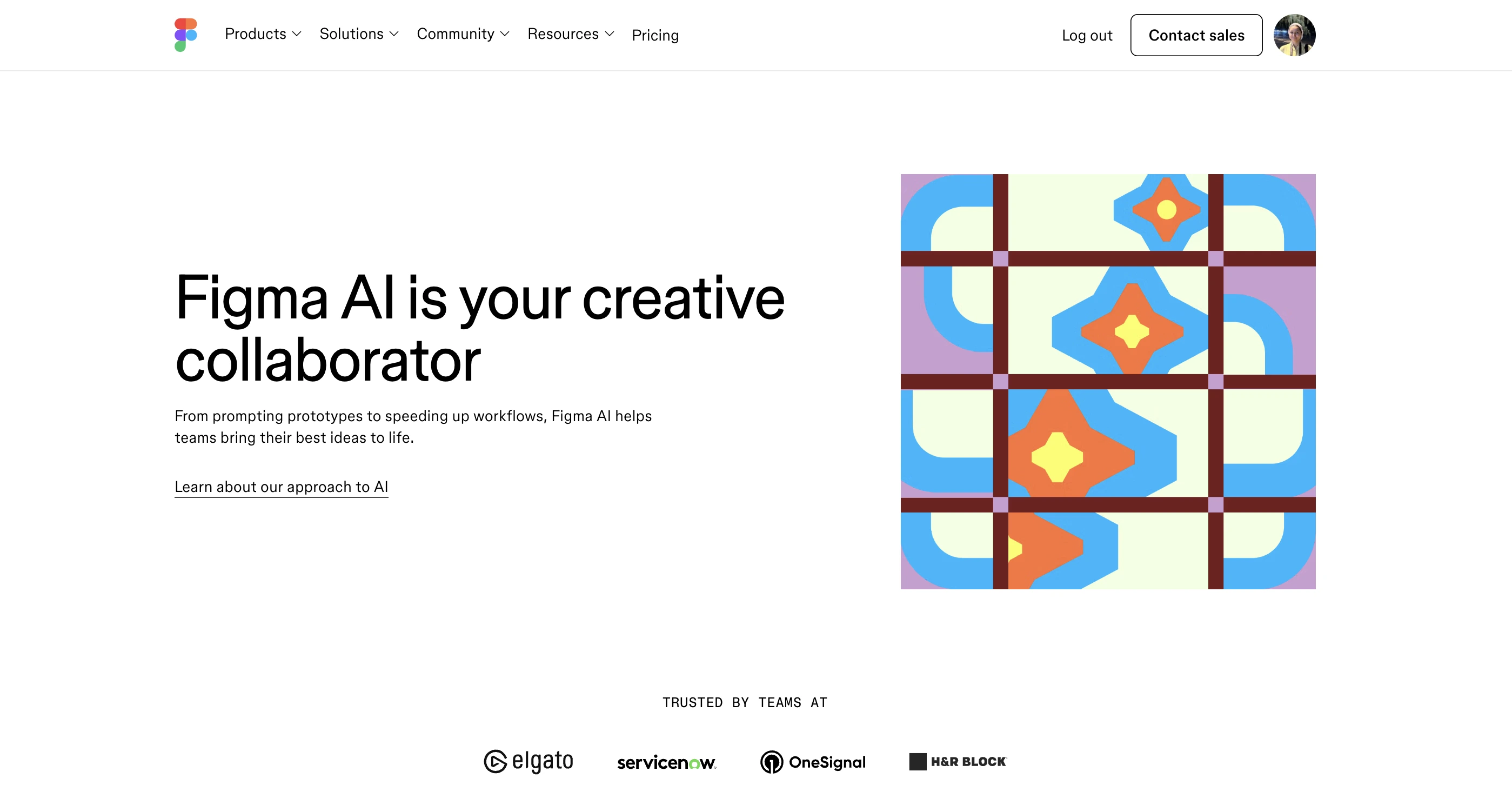 Figma AI homepage with a geometric patterned artwork and headline reading Figma AI is your creative collaborator.