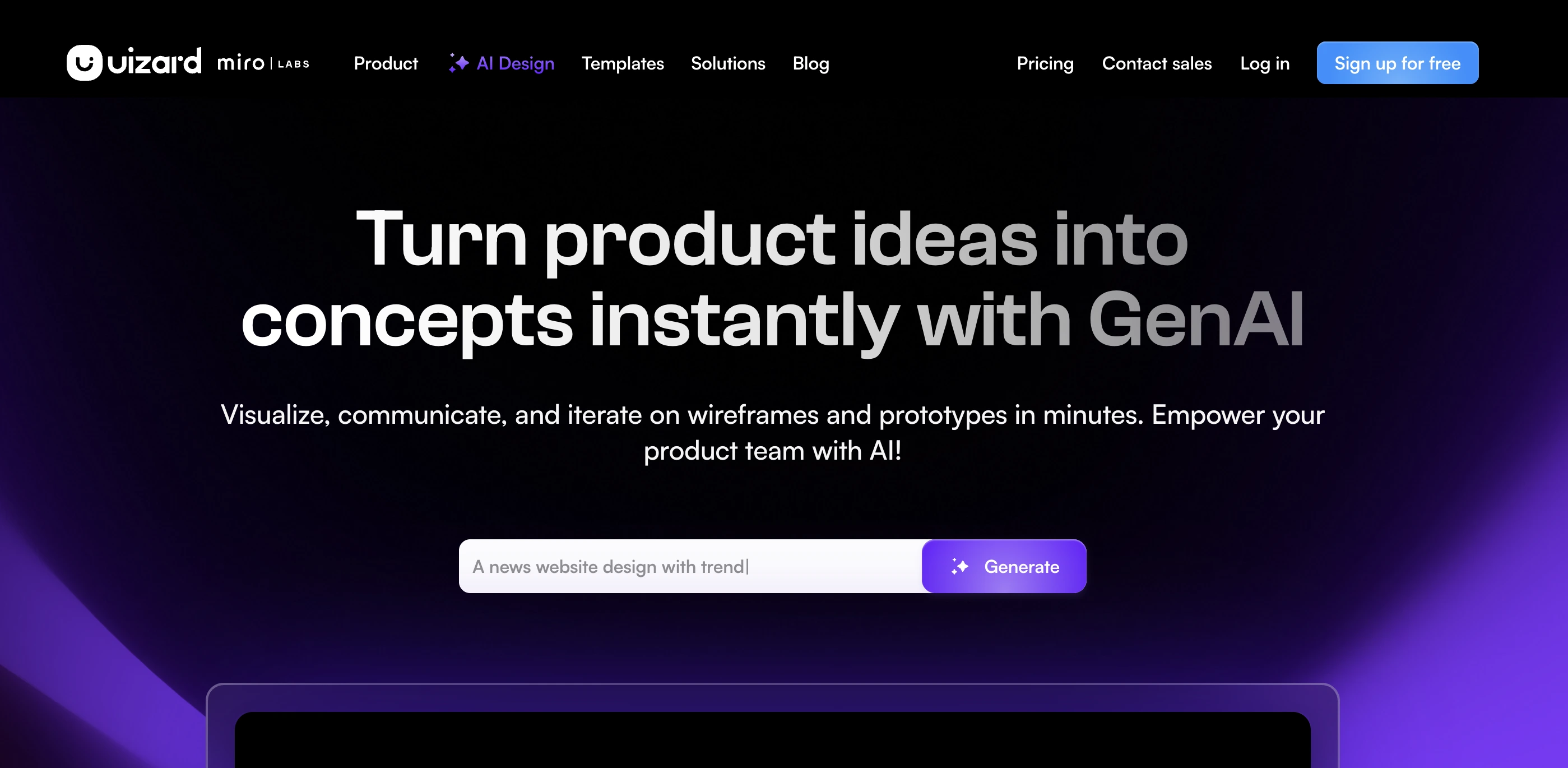 Uizard homepage with dark background and headline Turn product ideas into concepts instantly with GenAI.