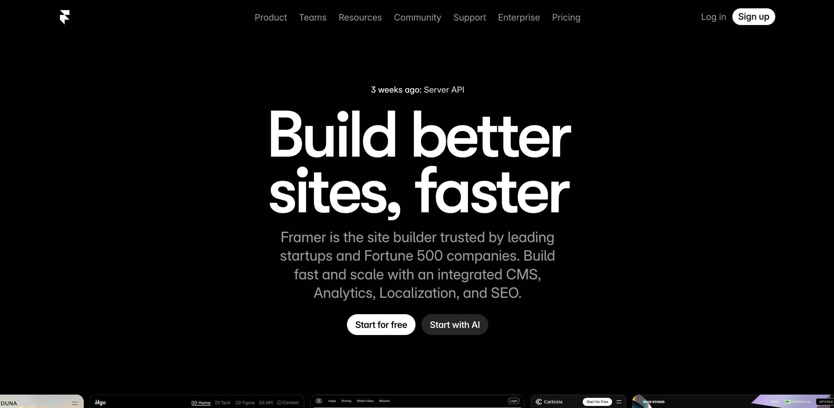 Framer website builder homepage with black background and headline Build better sites, faster.