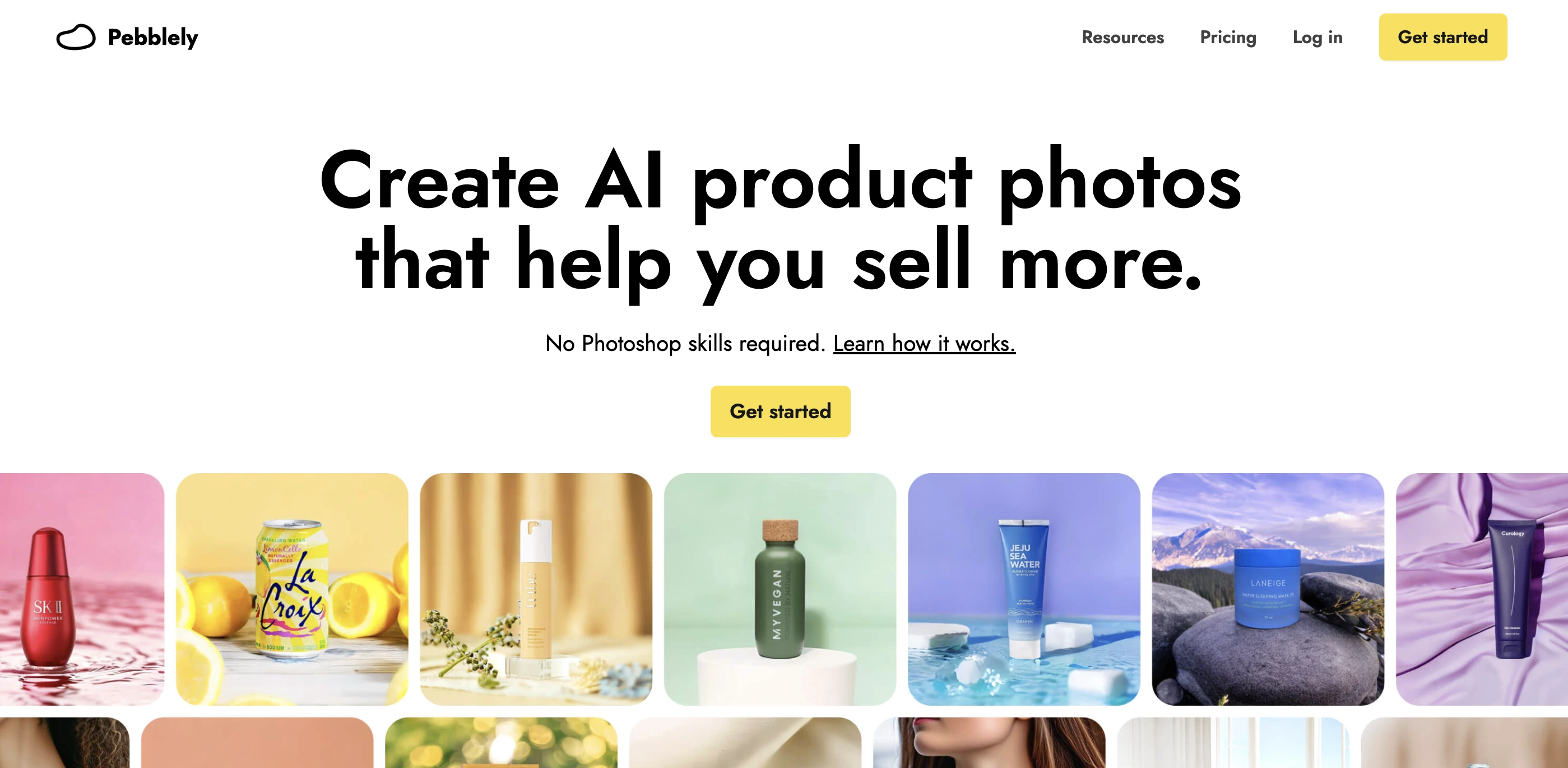 Pebblely homepage showing AI-generated product photos of skincare and beverage brands on styled backgrounds.