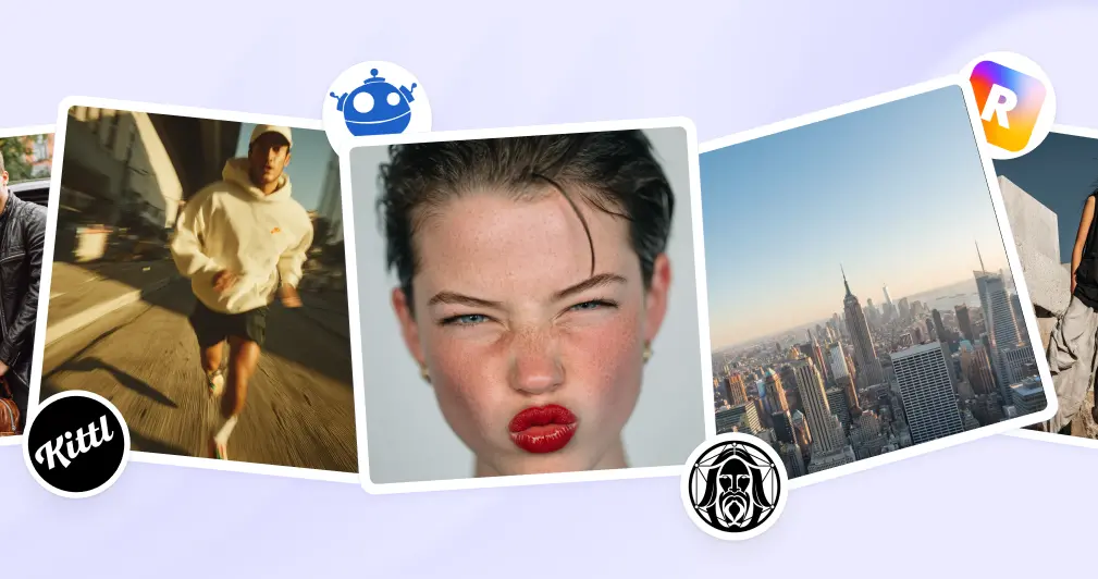 A collage of AI-generated images including a running man, a close-up portrait with bold red lips, and a New York City skyline, with Kittl, Recraft, and other AI tool logos overlaid.