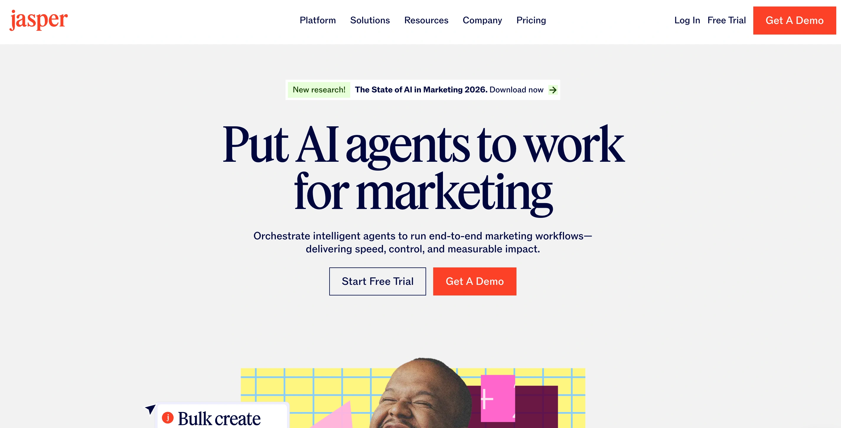 Jasper homepage with headline Put AI agents to work for marketing and Start Free Trial and Get A Demo buttons.