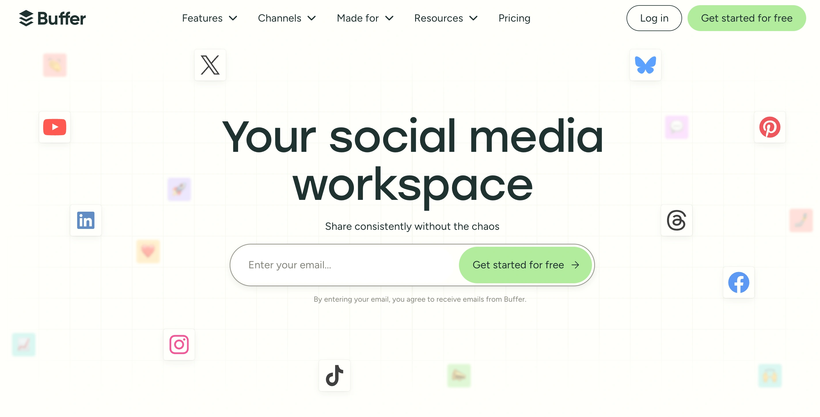 Buffer homepage showing social media platform icons surrounding the headline Your social media workspace.