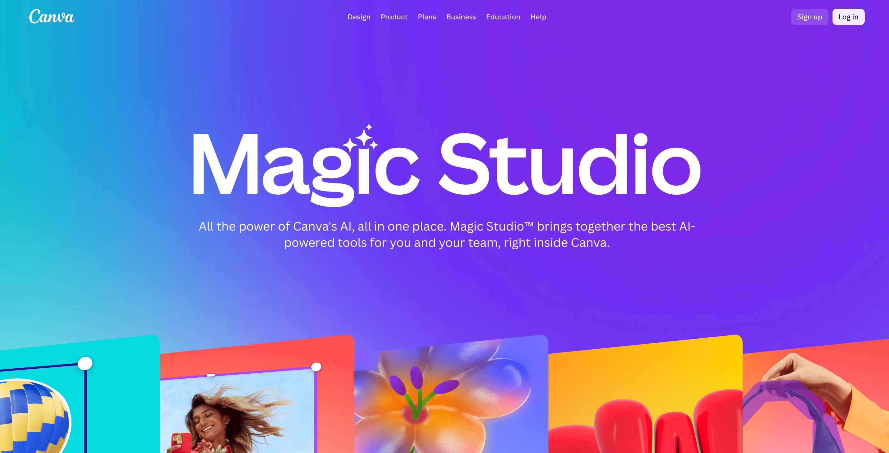Canva Magic Studio homepage with purple gradient background and colorful AI-generated design previews below the title.