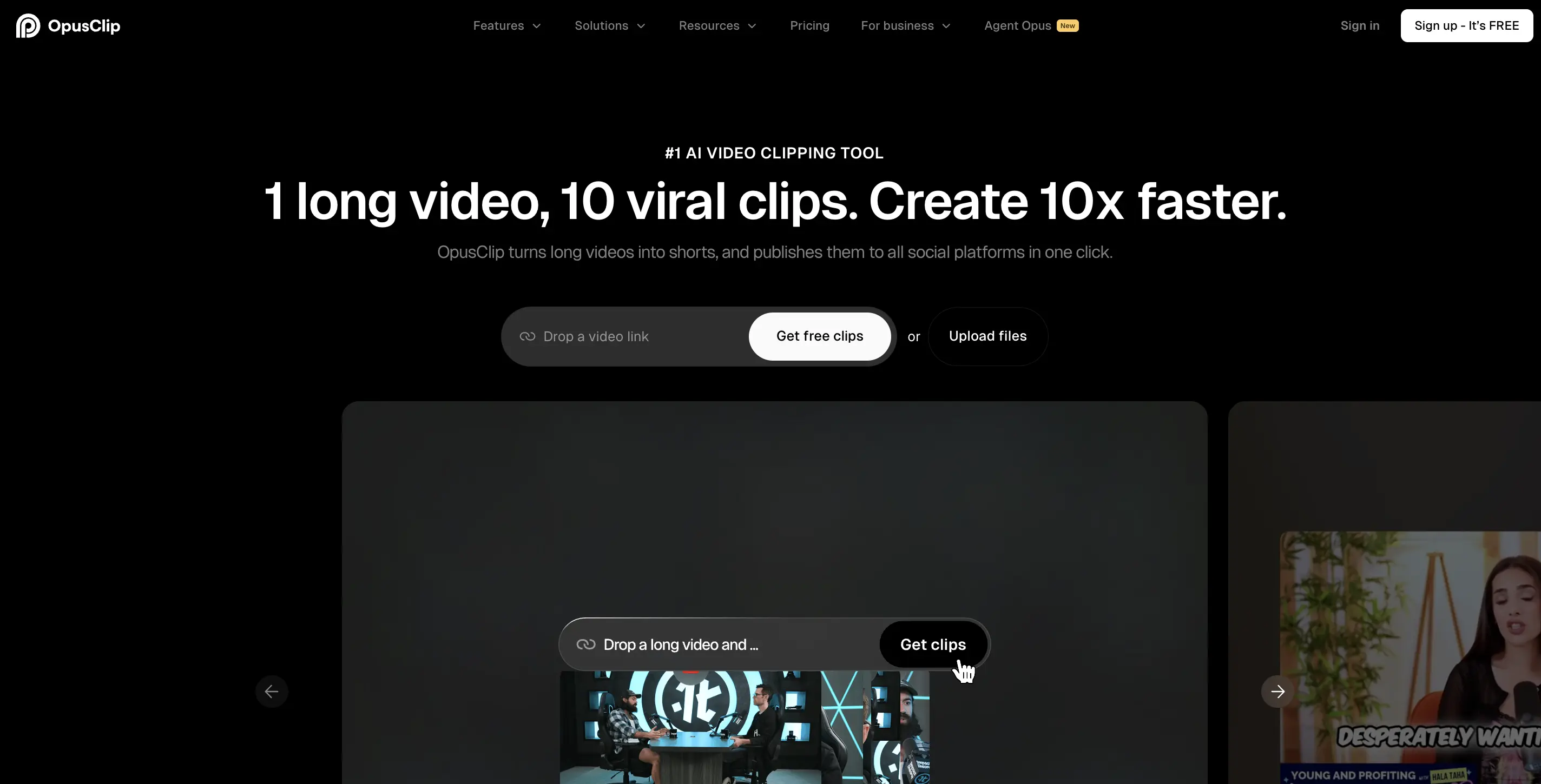 OpusClip homepage with dark background and headline 1 long video, 10 viral clips. Create 10x faster.