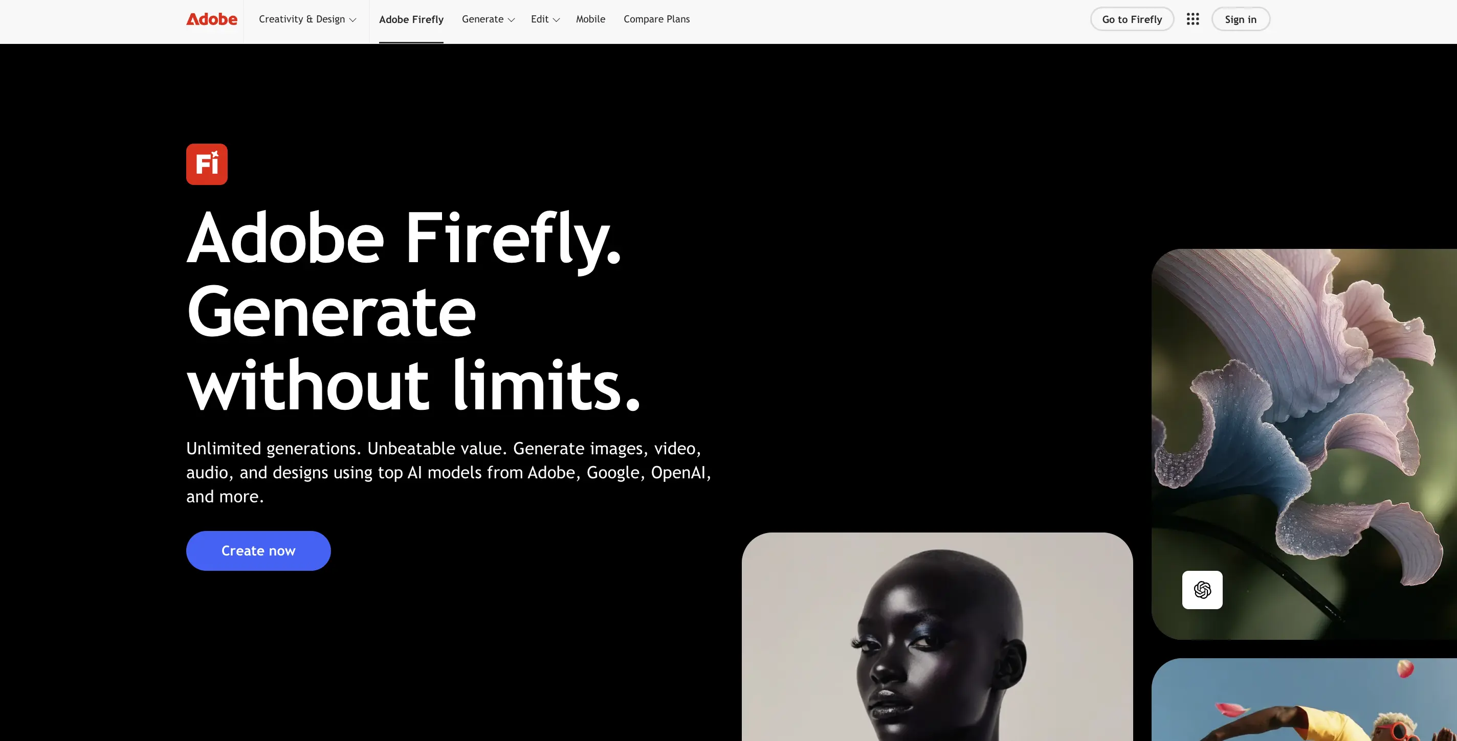 Adobe Firefly homepage with dark background, headline Generate without limits, and AI-generated portrait and floral images.