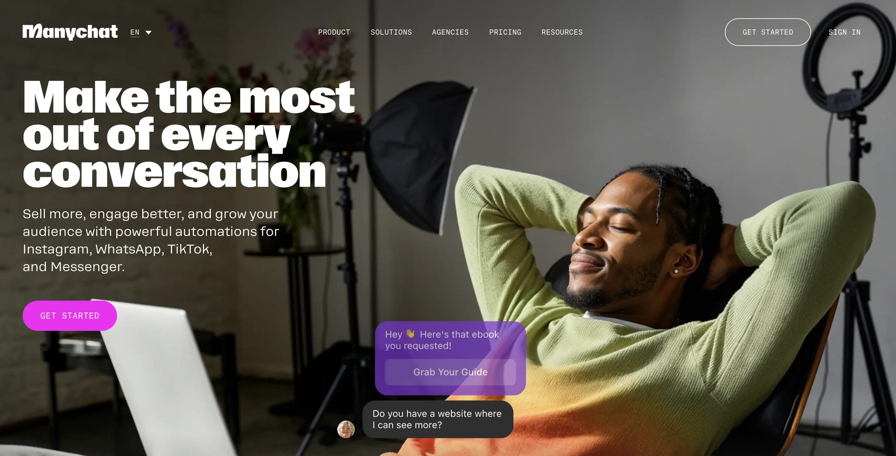 Manychat homepage with headline Make the most out of every conversation and a chat automation preview overlay.