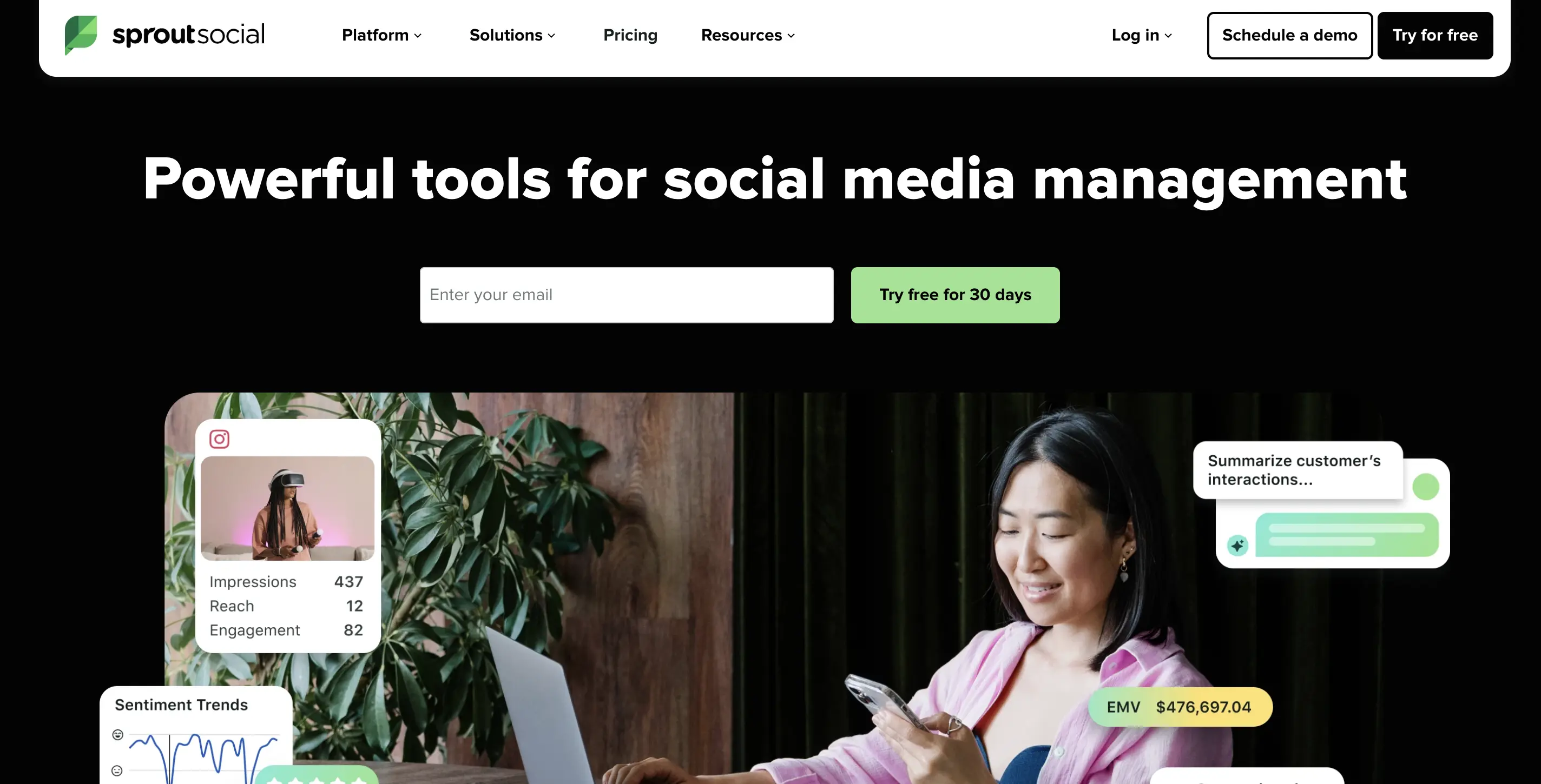 Sprout Social homepage with headline Powerful tools for social media management and a woman working on a laptop.