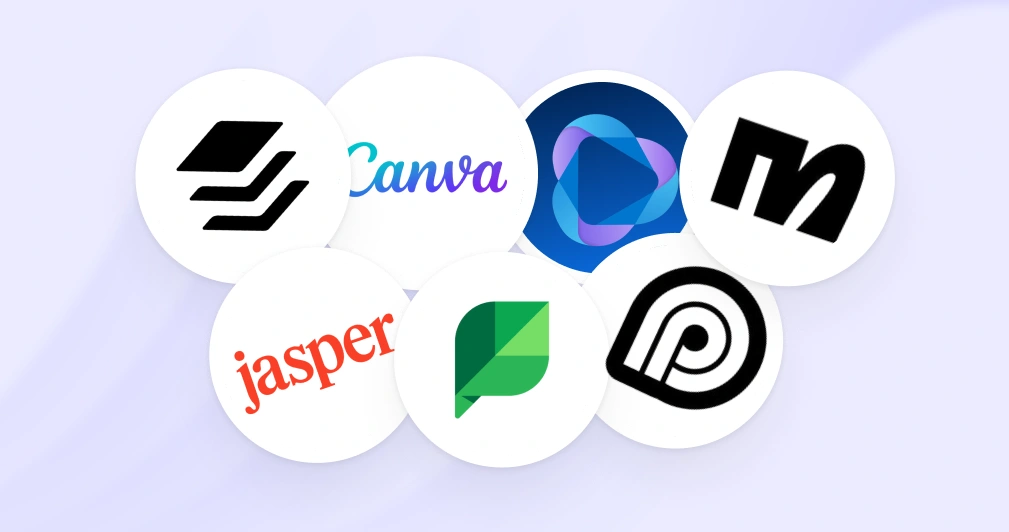 Circular logos of seven AI marketing tools including Buffer, Canva, Jasper, Sprout Social, and Publer on a light purple background.