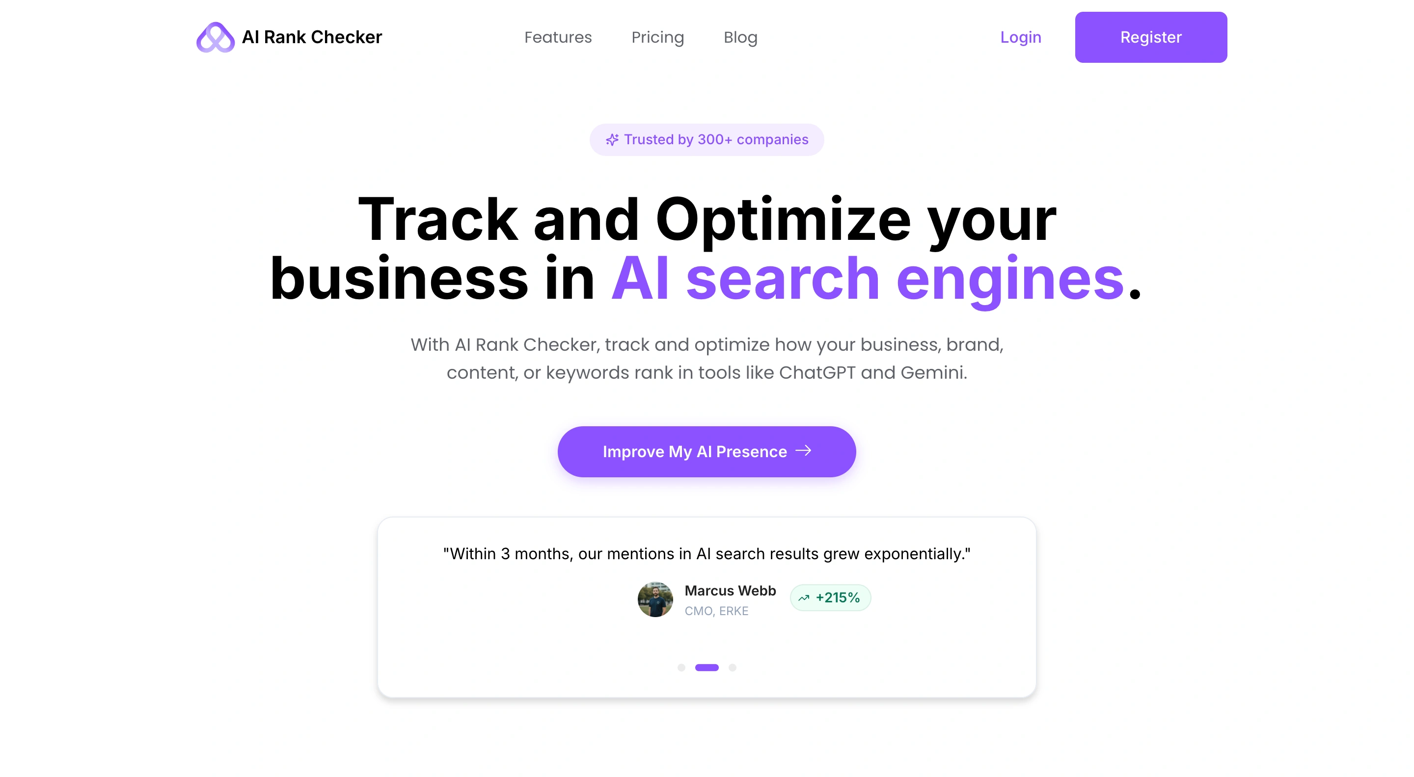 AI Rank Checker homepage showing the headline Track and Optimize your business in AI search engines with a Register call to action and a customer testimonial from Marcus Webb citing 215% growth in AI search mentions