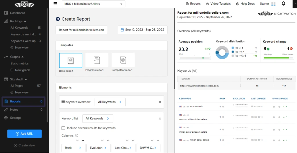 Nightwatch SEO dashboard showing keyword rankings overview with average position 2.7, search visibility 46.5%, traffic value $496.7K, and keyword up/down chart from July 2025 to January 2026