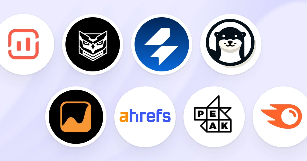 Logos of seven AI and SEO tools including Mangools, Nightwatch, Surfer SEO, Otterly AI, Ahrefs, Peak, and Semrush arranged in two rows on a light purple background