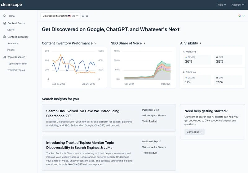 Clearscope content optimization dashboard showing AI visibility metrics with 39% GPT mentions and 29% GPT citations.