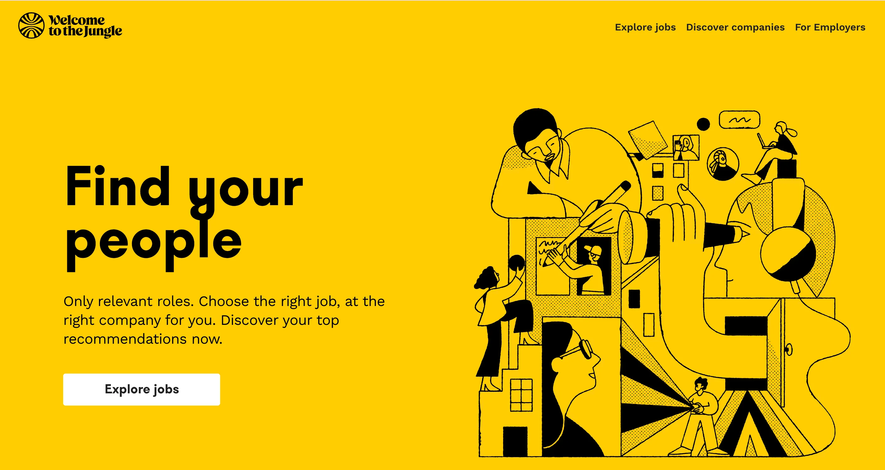 Welcome to the Jungle homepage showing the headline Find your people on a bold yellow background with a black illustrated graphic of people collaborating and an Explore jobs button