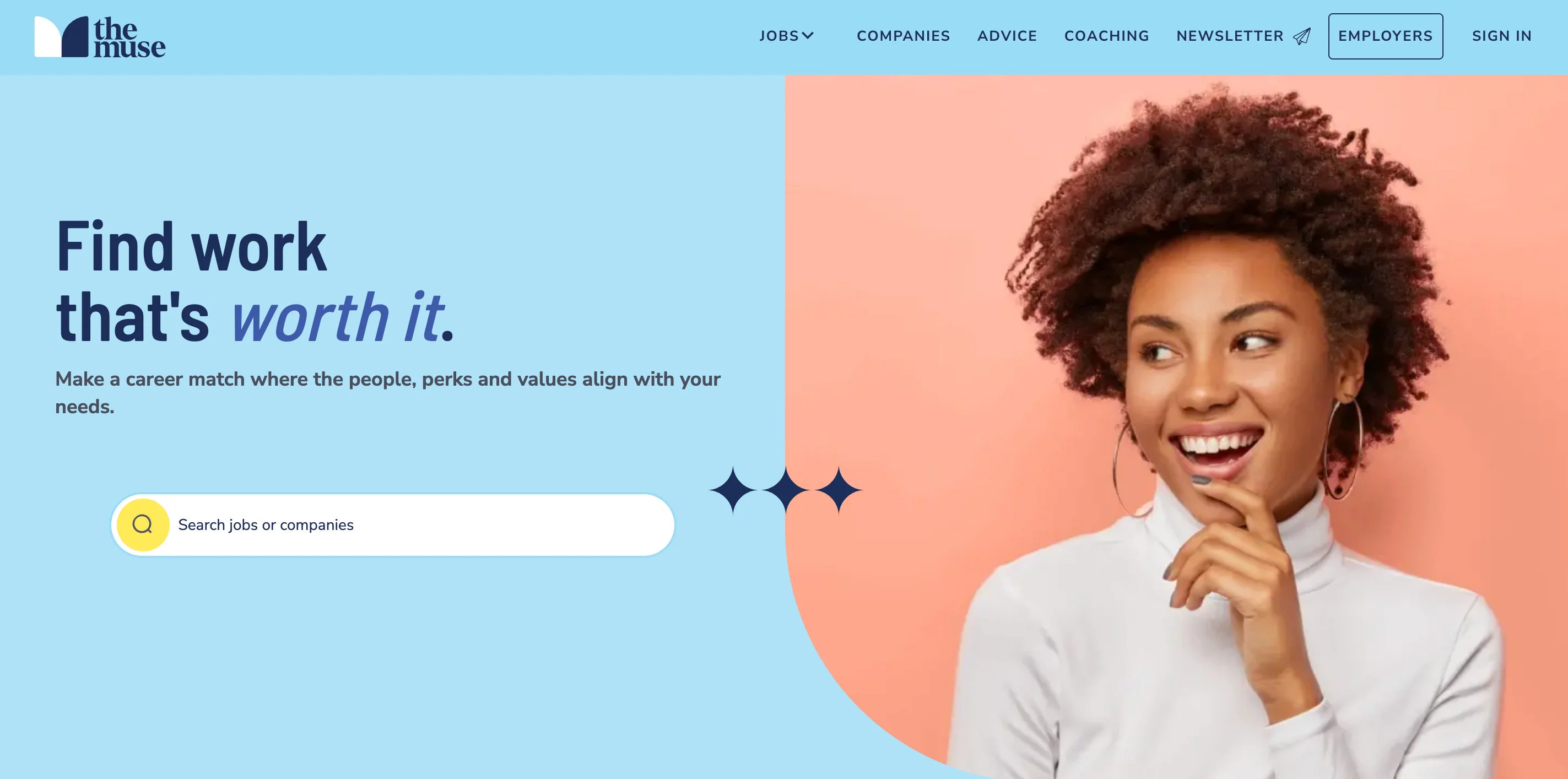 The Muse homepage showing the headline Find work that's worth it with a job search bar and a smiling woman against a coral background