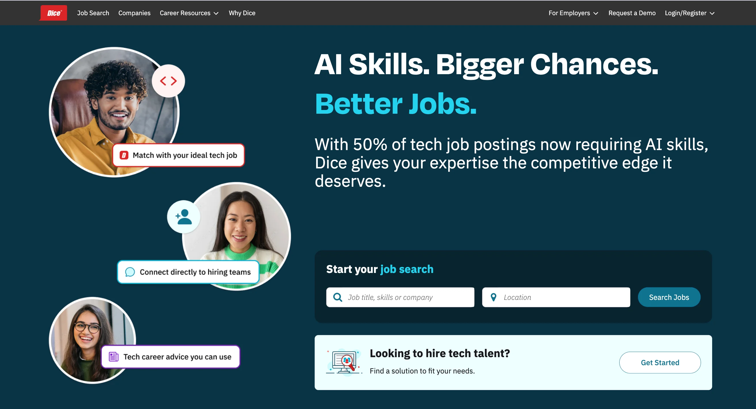 Dice job platform homepage showing the headline AI Skills. Bigger Chances. Better Jobs. with a job search bar and the tagline that 50% of tech job postings now require AI skills