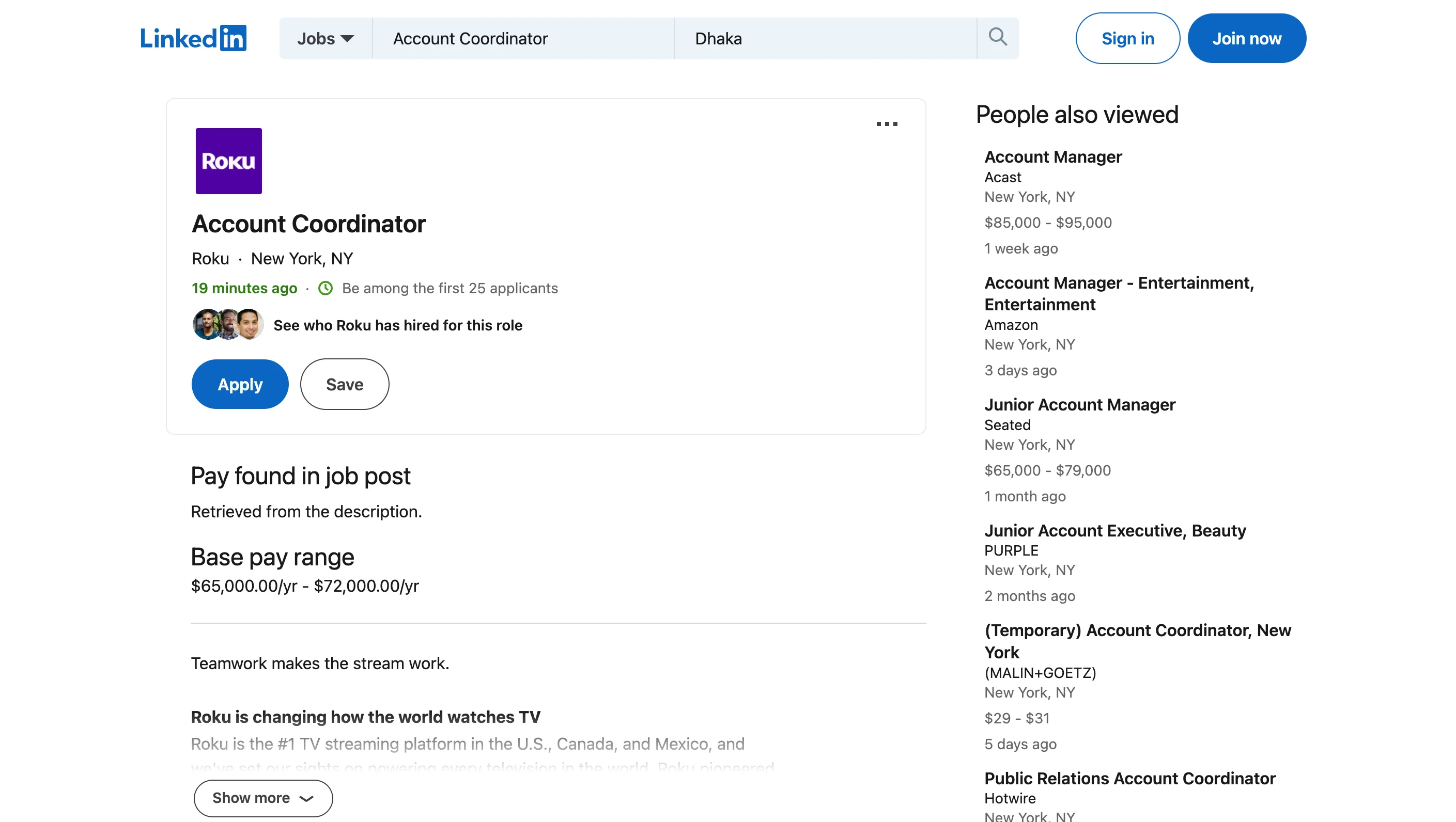 LinkedIn job listing page showing an Account Coordinator role at Roku in New York with a base pay range of $65,000 to $72,000 per year and related job recommendations in the sidebar