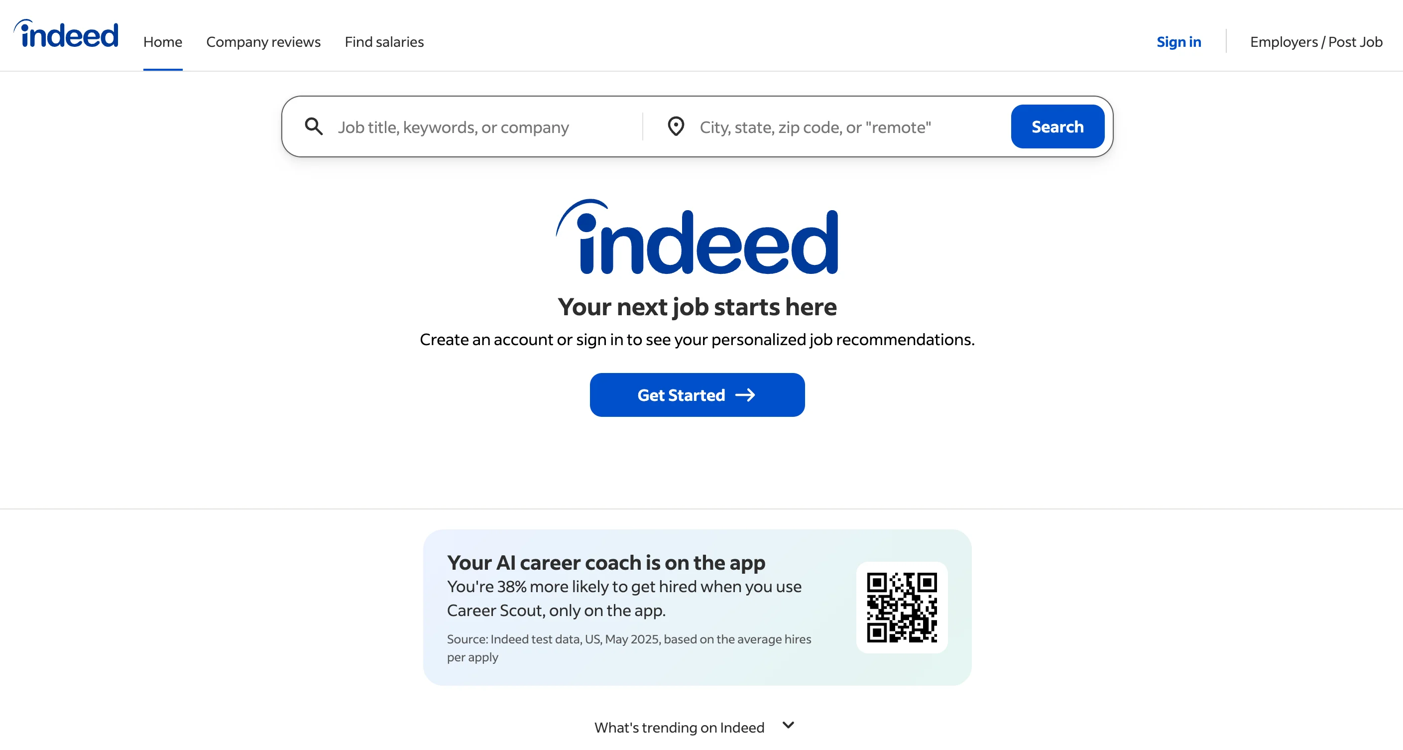 Indeed homepage showing the headline Your next job starts here with a job search bar and a promotional banner for the AI career coach Career Scout available on the Indeed app