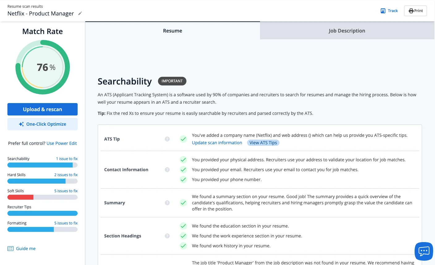 Jobscan resume scan results for a Netflix Product Manager position showing a 76% match rate. The Searchability section displays ATS tips with green checkmarks for contact information, summary, and section headings. Left sidebar shows issue counts for Searchability, Hard Skills, Soft Skills, Recruiter Tips, and Formatting.