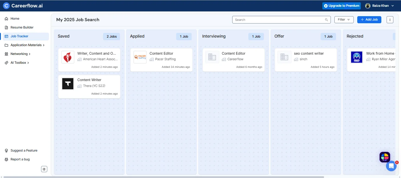 Careerflow Job Tracker dashboard with Kanban-style columns for Saved, Applied, Interviewing, Offer, and Rejected applications. Job cards show positions at American Heart Association, Pacer Staffing, Careerflow, and Sinch with timestamps indicating when each was added.