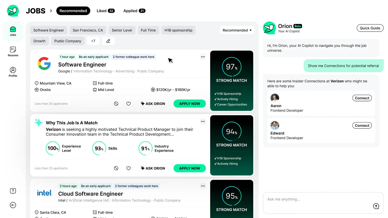 Jobscan resume scan results for a Netflix Product Manager position showing a 76% match rate. The Searchability section displays ATS tips with green checkmarks for contact information, summary, and section headings. Left sidebar shows issue counts for Searchability, Hard Skills, Soft Skills, Recruiter Tips, and Formatting.