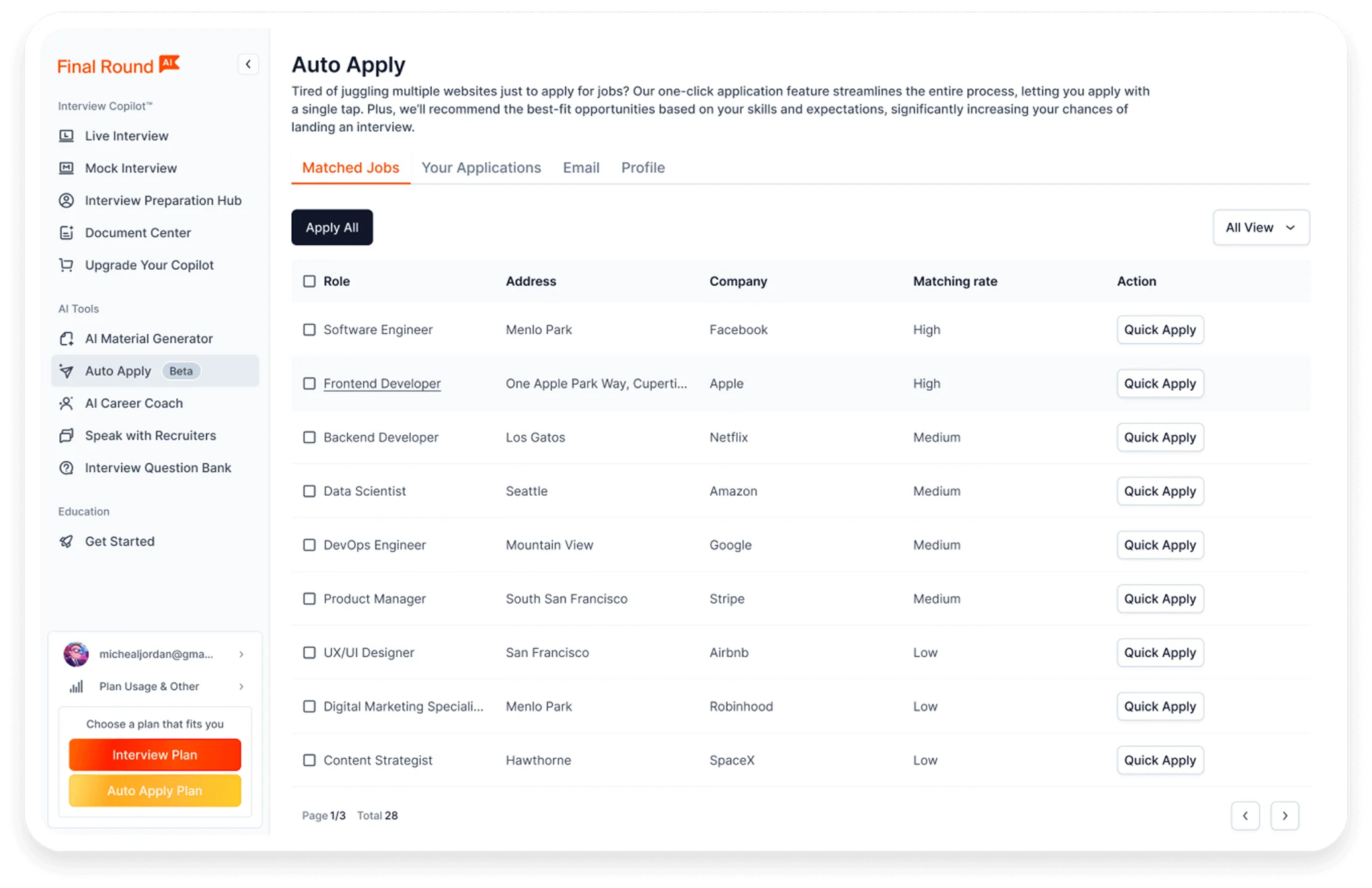 FinalRound AI Auto Apply dashboard displaying matched jobs at companies including Facebook, Apple, Netflix, Amazon, Google, Stripe, and Airbnb. Each listing shows role title, address, company name, and matching rate (High, Medium, or Low) with Quick Apply buttons. Left sidebar shows navigation options including Live Interview, Mock Interview, Interview Preparation Hub, and AI Tools.