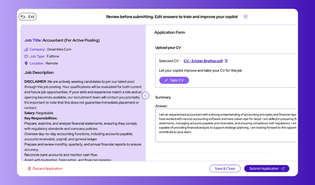 JobCopilot application review screen for an Accountant position at DreamHire.Com showing the job description, key responsibilities, and an application form with CV upload and AI-generated summary. Interface includes options to Tailor CV, Discard Application, Save & Close, or Submit Application.