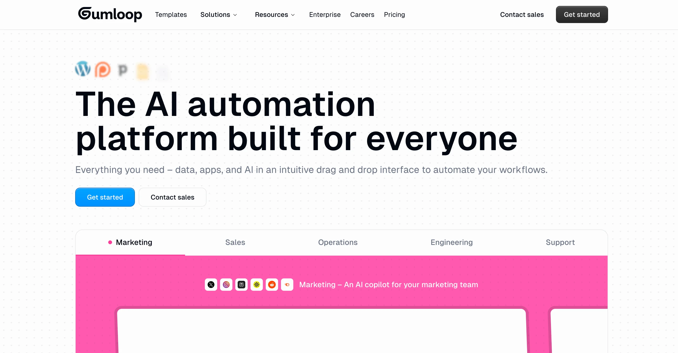 Gumloop homepage showing the AI automation platform interface with the headline "The AI automation platform built for everyone" and navigation tabs for Marketing, Sales, Operations, Engineering, and Support. A pink banner displays "Marketing – An AI copilot for your marketing team" with social media platform icons.