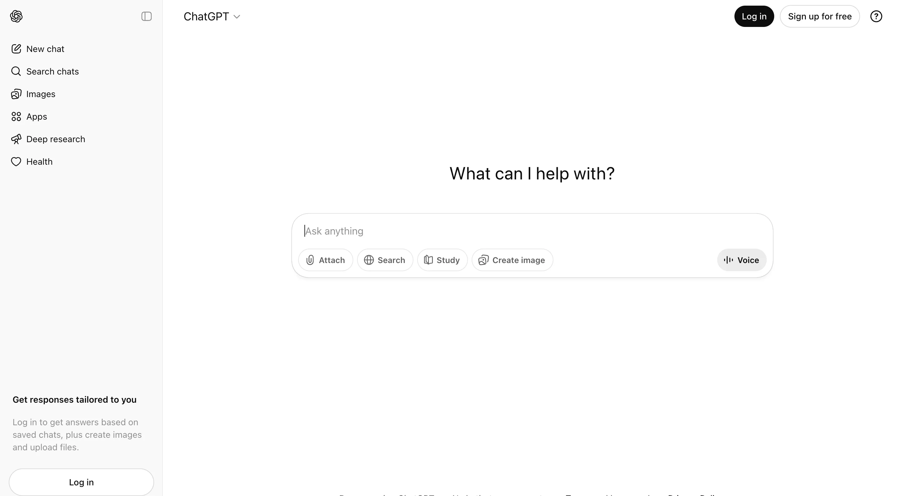 ChatGPT homepage interface showing the "What can I help with?" prompt in the center. The left sidebar displays navigation options including New chat, Search chats, Images, Apps, Deep research, and Health. The main input area shows options to Attach files, Search, Study, Create image, and use Voice. A prompt encourages users to log in for tailored responses, saved chats, and image creation features.