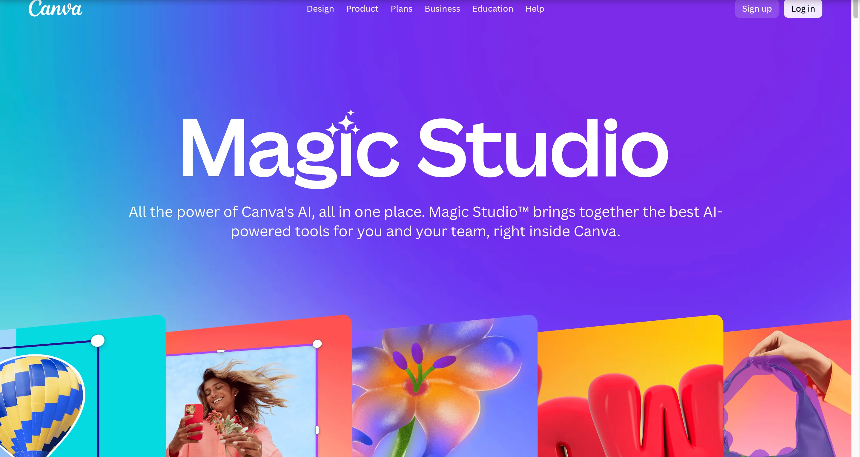 Canva Magic Studio homepage with a vibrant purple-to-blue gradient background featuring the "Magic Studio" logo with sparkle effects. The tagline reads "All the power of Canva's AI, all in one place. Magic Studio™ brings together the best AI-powered tools for you and your team, right inside Canva." Colorful preview cards show various design examples including a hot air balloon, portrait photo, flower, and abstract shapes.