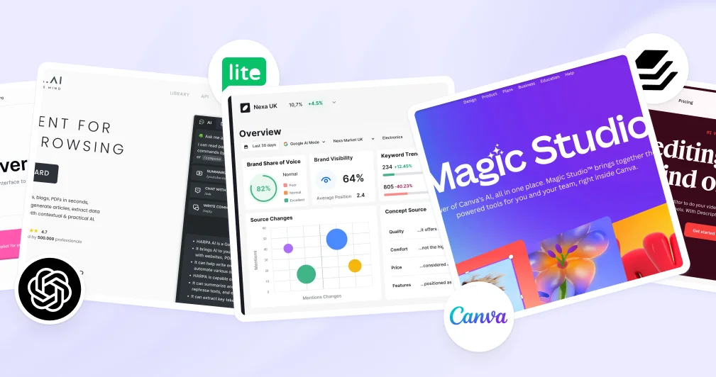 Collage of AI marketing and productivity tool interfaces including Harpa AI, MailerLite, Semrush AI visibility dashboard, Canva Magic Studio, Descript video editor, and OpenAI logo. The overlapping screenshots showcase various AI-powered features for conte