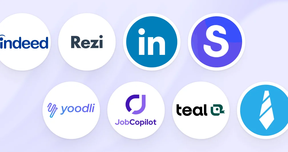 Collection of AI-powered job search and career tool logos arranged in two rows on a purple gradient background. Top row: Indeed, Rezi, LinkedIn, and Sonara. Bottom row: Yoodli, JobCopilot, Teal, and a tie icon representing professional career services.