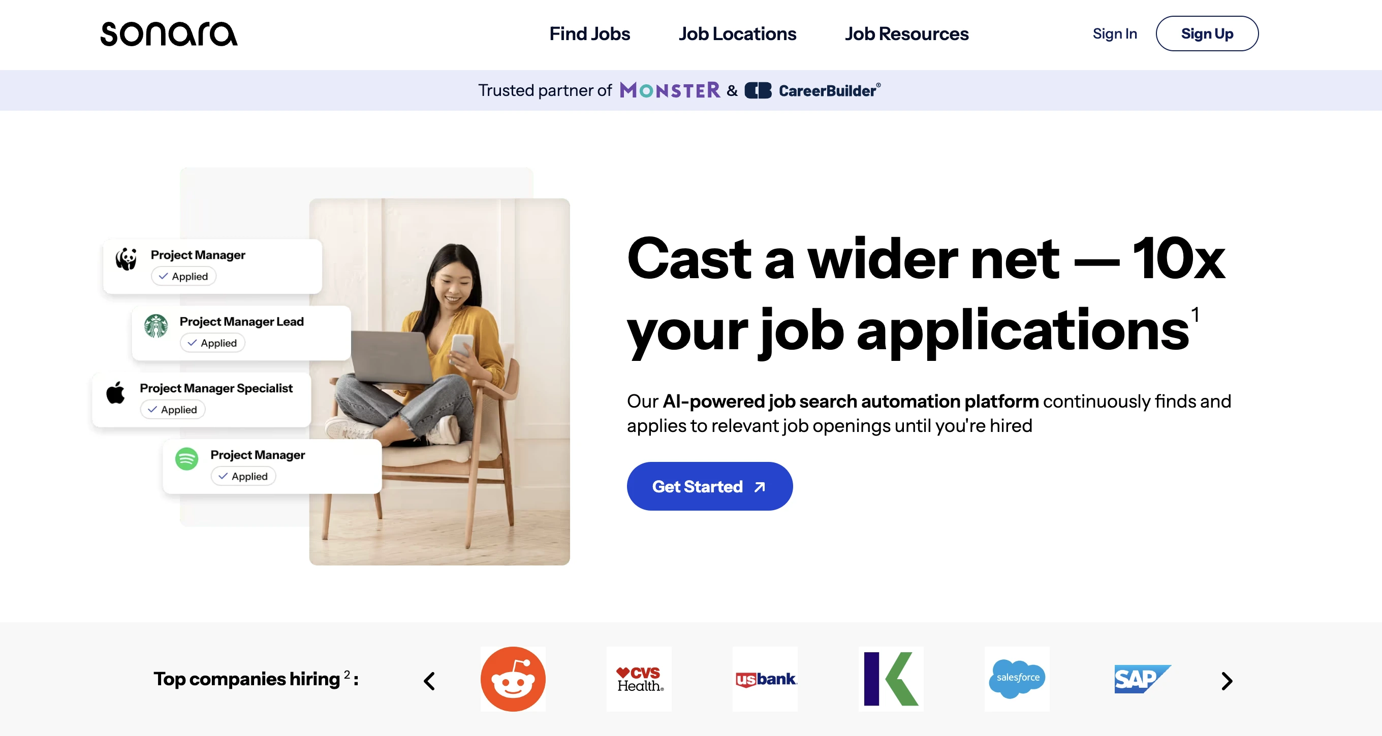 The homepage of Sonara with H1 saying "Cast a wider net - 10x your job applications"