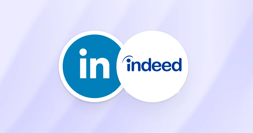 LinkedIn and Indeed logos displayed side by side in overlapping circles on a soft purple gradient background, representing job search and professional networking platforms.