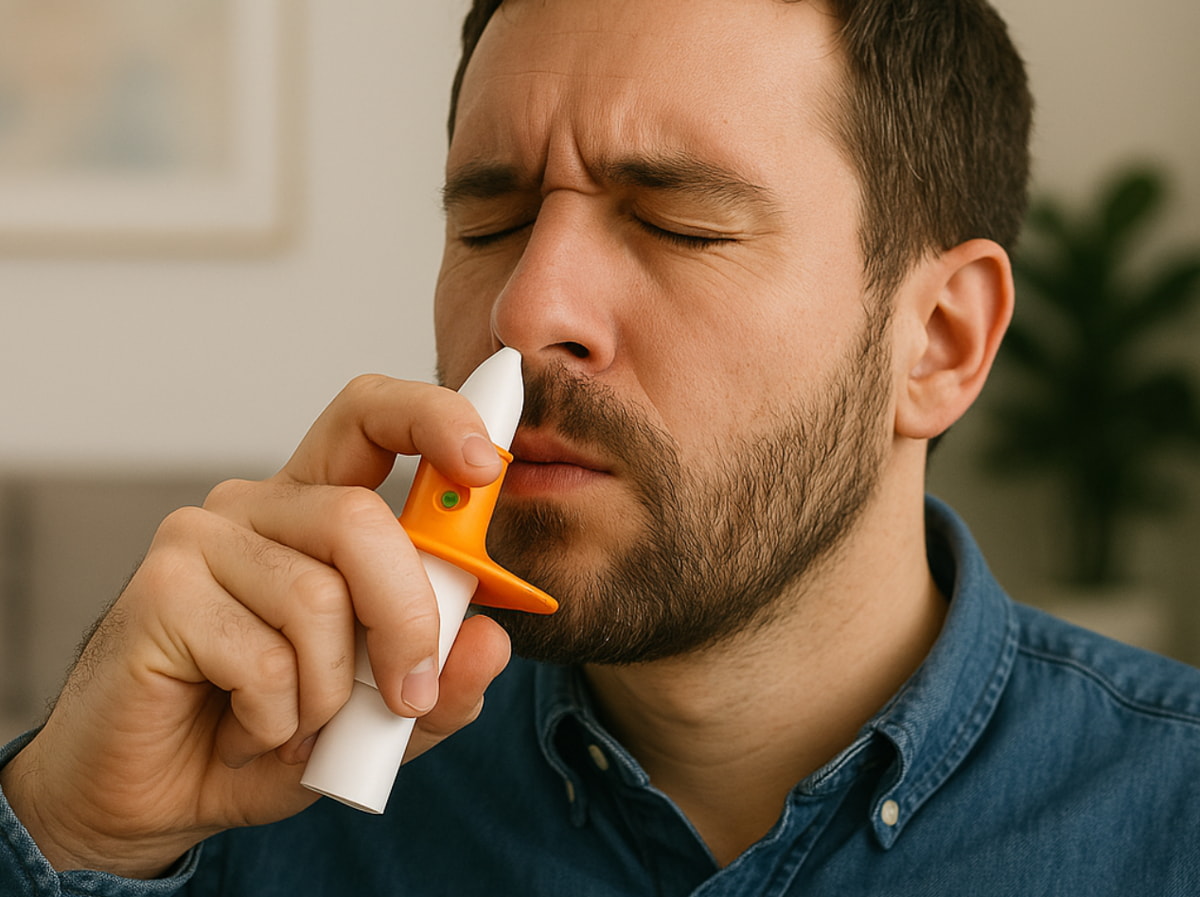 A man uses an inhaler while blowing his nose, indicating a respiratory issue or allergy. 