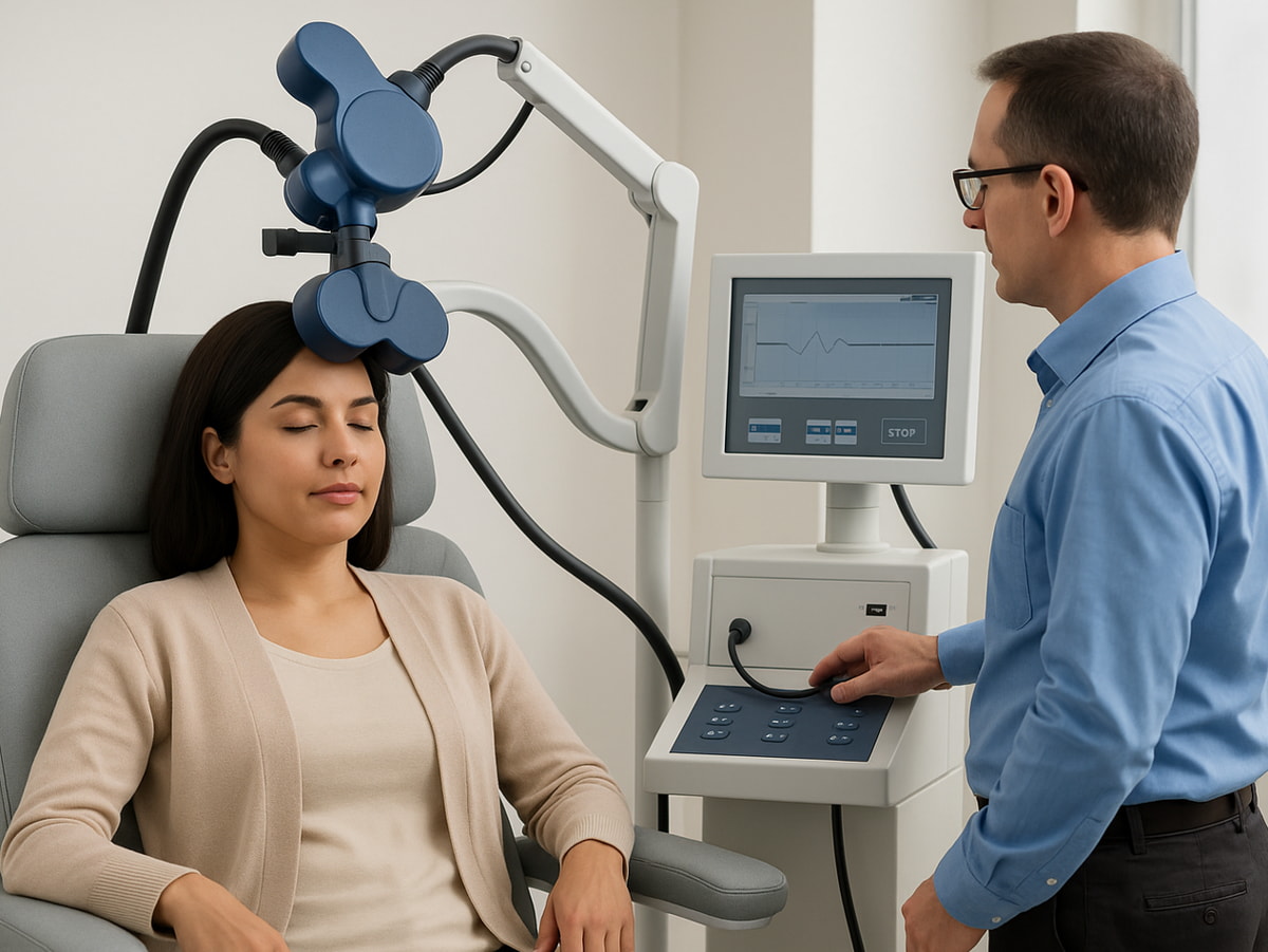 A woman sits in a chair while a man examines his eyes using an eye machine in a clinical setting.  