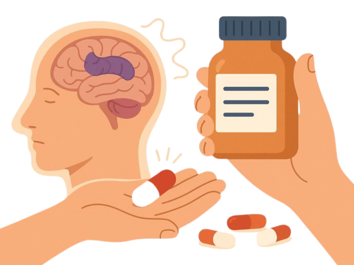 Illustration of a human brain surrounded by pills and a pill bottle, symbolizing medication and mental health.