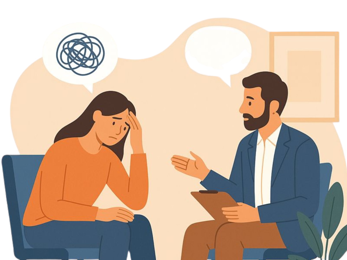 A man and woman engage in conversation during a therapy session in a cozy, well-lit room.