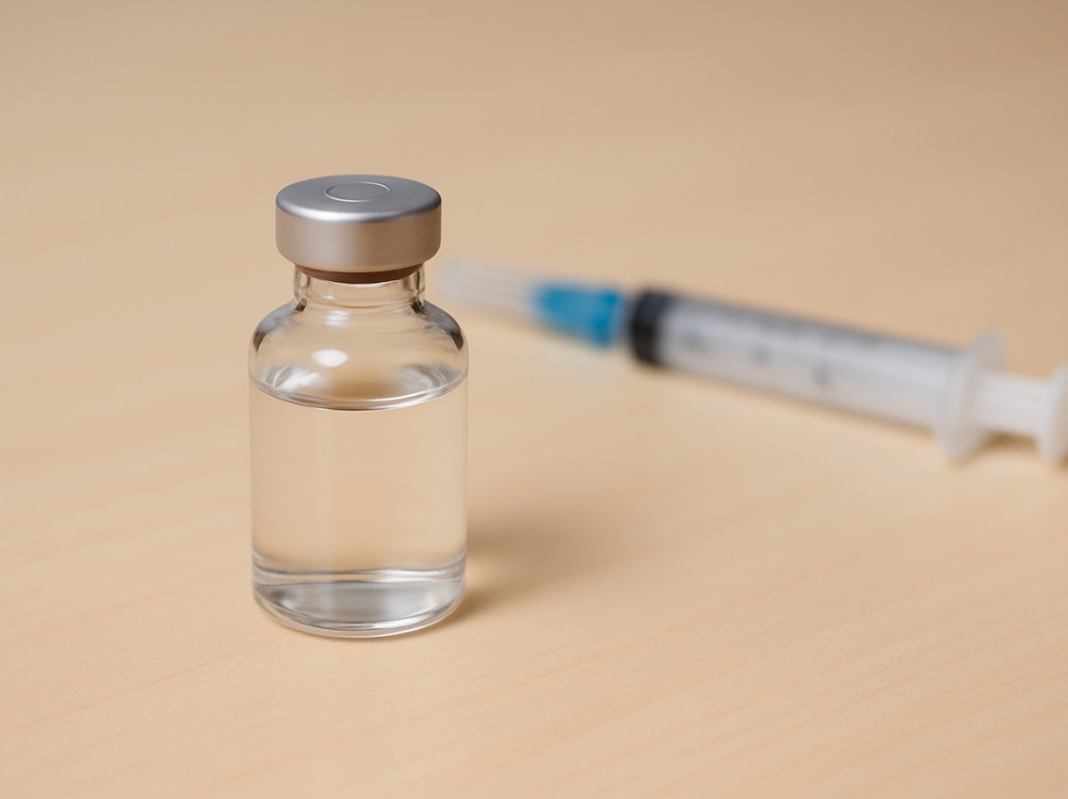 A small bottle of liquid sits beside a syringe on a plain surface, suggesting a medical or laboratory context.  