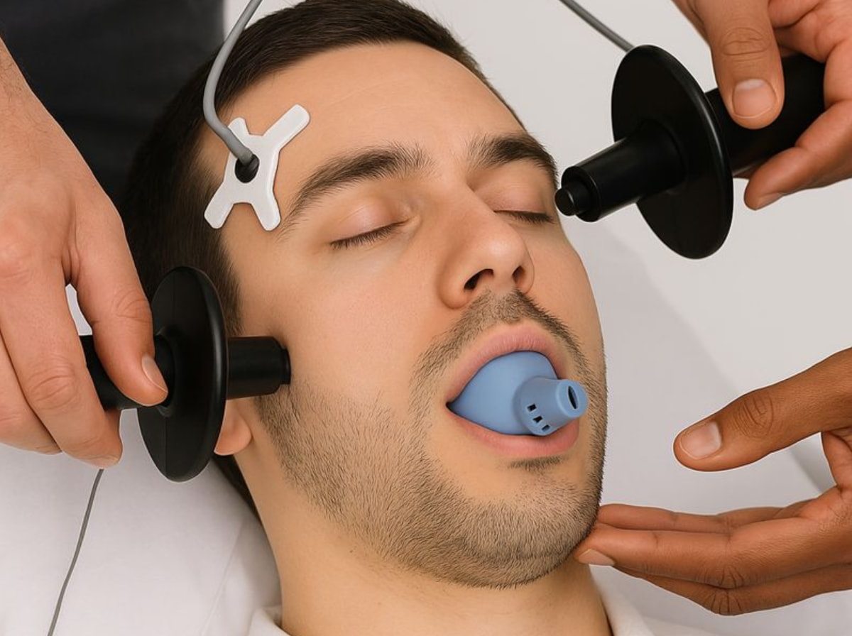 A man receiving electrotherapy treatment, with electrodes placed on his body for pain relief and muscle stimulation.  