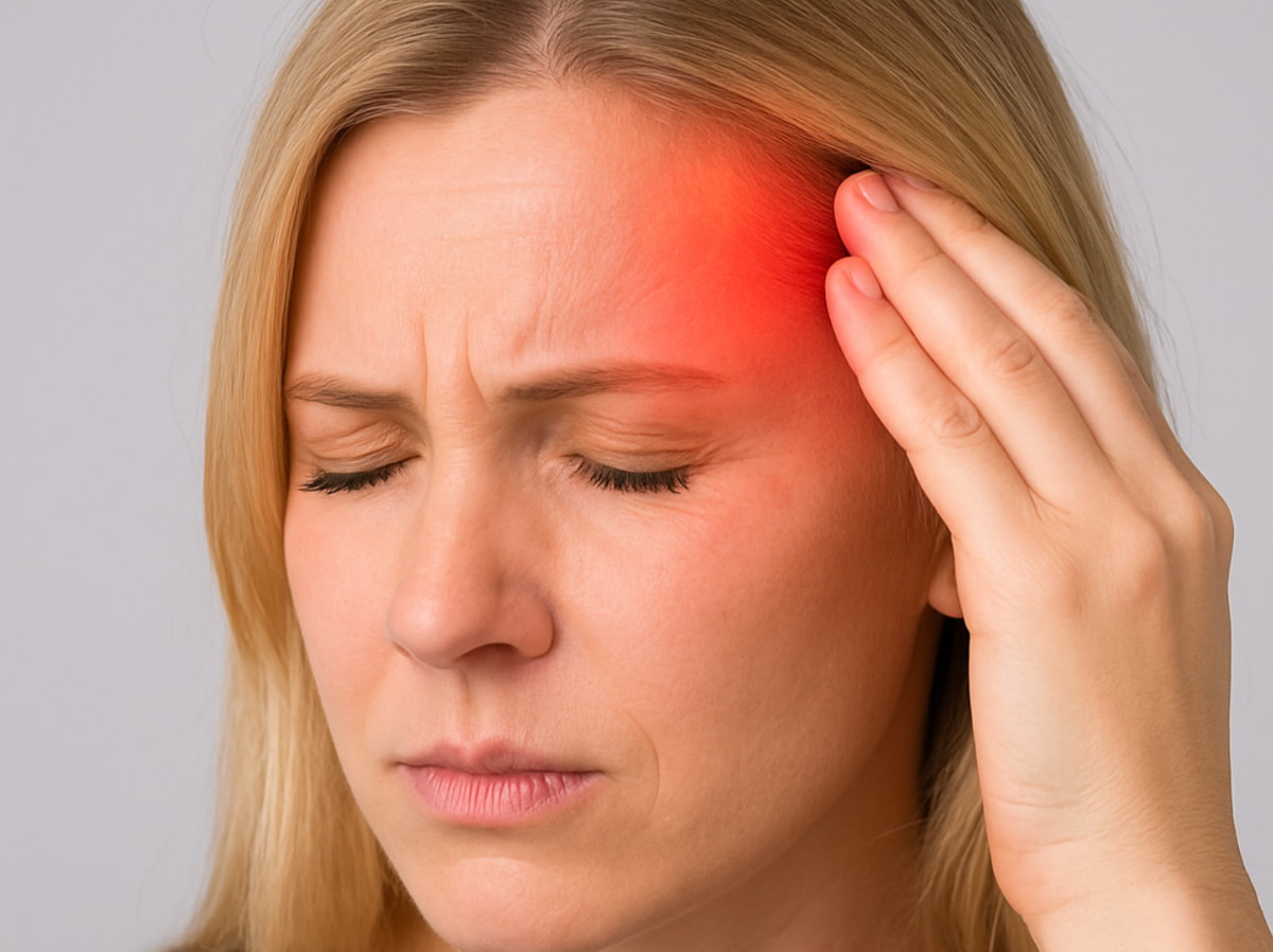A woman sitting with her hand on her forehead, visibly distressed from a headache.  