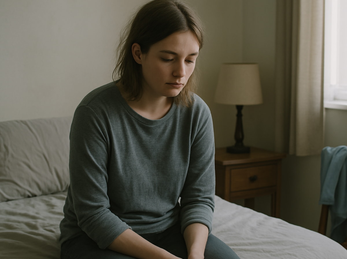 A woman on a bed, hands folded in her lap, appearing serene and reflective in a warmly decorated bedroom.  