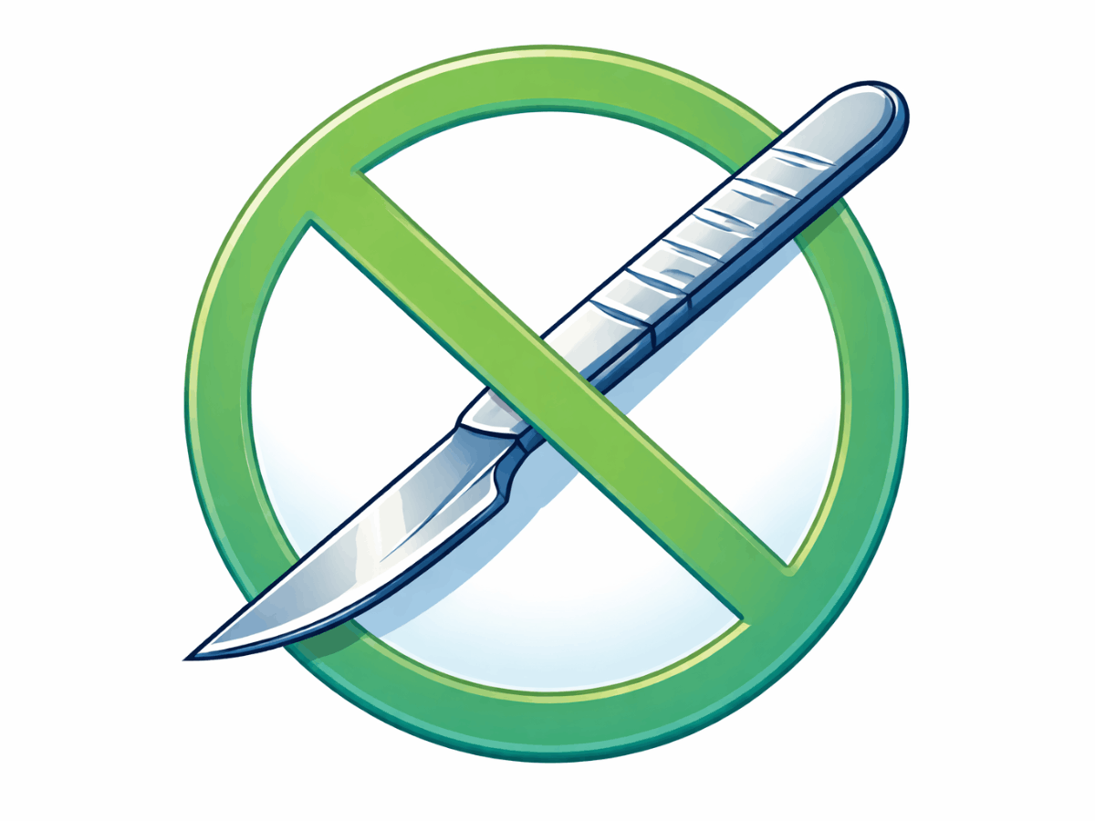 Crossed-out scalpel icon representing non-invasive transcranial magnetic stimulation (TMS) therapy without surgery or anesthesia